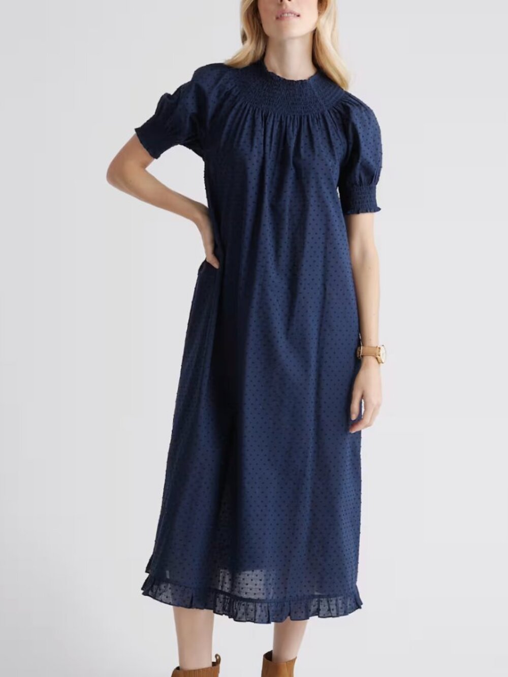 Quince 100% Cotton Swiss Dot Midi Dress Navy Medium NWOT